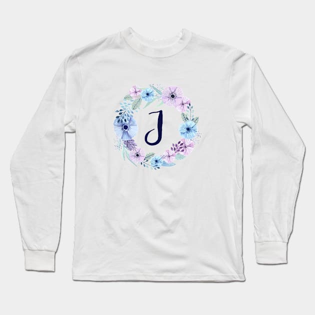 Floral Monogram J Icy Winter Blossoms Long Sleeve T-Shirt by floralmonogram